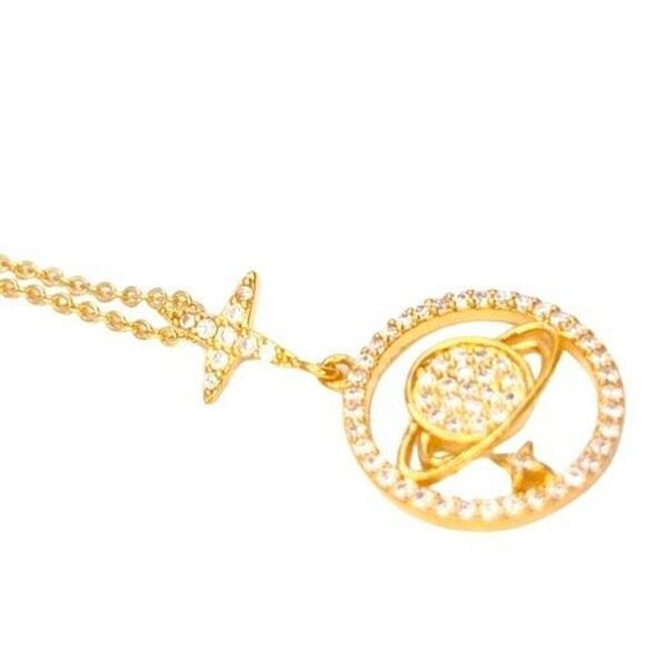 Gold dainty rhinestone Saturn planet pendant necklace - Picture 3 of 5